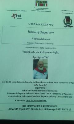A.N.P.I Sezione Fontaneto d'Agogna in Collaborazione con L'Arci di Barengo e con il Patrocinio del Comune di Barengo  Organizzan
